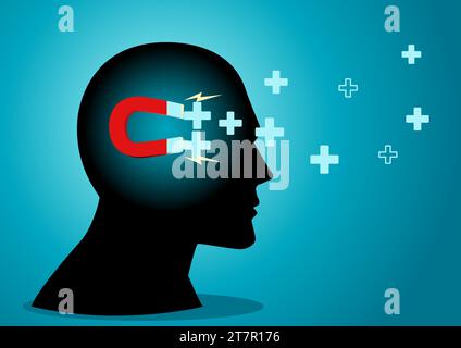 Vector illustration of human head with magnet inside attracting positive symbols. Positive mind concept Stock Vector