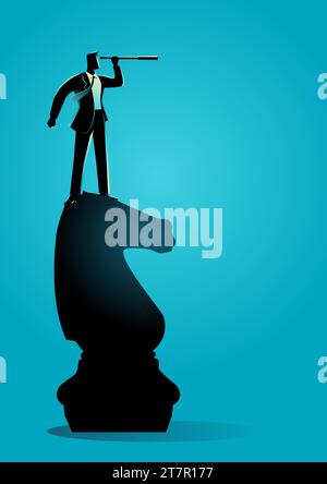 Business concept vector illustration of businessman with telescope standing on chess knight, strategy, vision concept Stock Vector