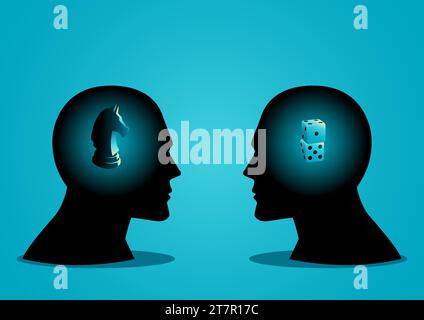 Business concept vector illustration, of businessmen heads, one with dices and the other with a knight chess piece. Strategy and speculation thinking Stock Vector