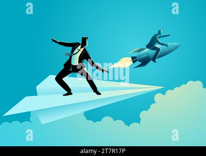 Business concept vector illustration of businessman on paper plane compete with a businessman on a rocket Stock Vector