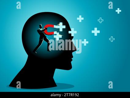 Business concept vector illustration of a businessman with giant magnet attracting positive symbols Stock Vector