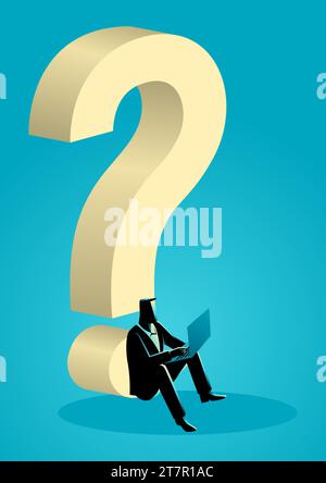 Business concept vector illustration of businessman using his laptop while sitting under giant question mark Stock Vector
