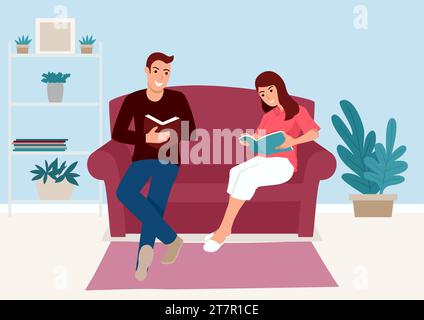 Simple flat vector illustration of young couple reading book together on the sofa at home Stock Vector