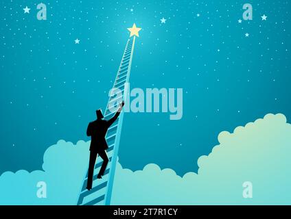 Business concept vector illustration of a businessman climbing a ladder to reach out for the stars Stock Vector