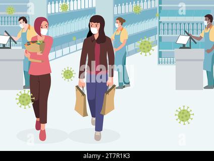 Simple flat vector illustration of women in the supermarket wearing medical mask during pandemic Stock Vector