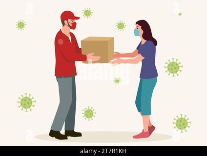 Simple flat vector illustration of a man delivering a package to a woman, both of them wearing medical mask Stock Vector