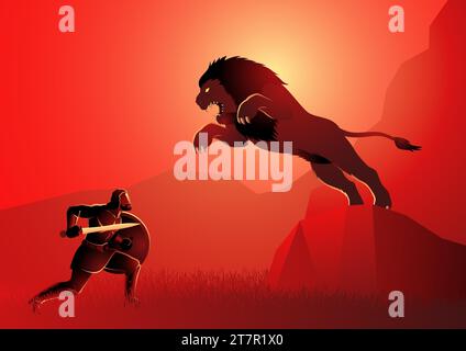 Greek god and goddess vector illustration series, the first of Heracles' twelve labours, Heracles or Hercules fighting the Nemean lion Stock Vector