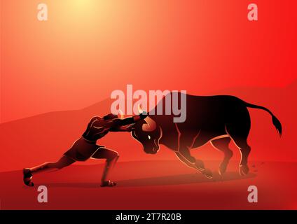 Greek god and goddess vector illustration series, seventh labour of Heracles' twelve labours, was to capture the Cretan Bull, father of the Minotaur Stock Vector