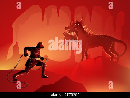 Greek god and goddess vector illustration series, the twelfth or final labour of Heracles' twelve labours, to capture Cerberus the three-headed dog th Stock Vector