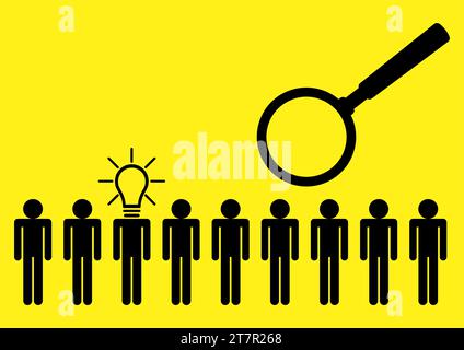 Simple flat vector illustration of human figure with light bulb head among other individuals, standout, leadership and excellence concept Stock Vector