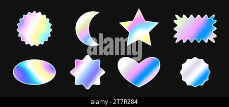 Holographic stickers set. Different iridescent hologram labels collection. Shiny rainbow foil element bundle for emblem, tag, label, badge, template, collage, poster, banner. Vector illustration pack Stock Vector