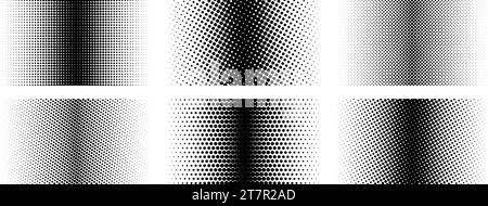 Different halftone gradient backgrounds set. Cartoon dots texture wallpaper collection. Black white comic design cover pack for banner, poster, print. Pop art dotted vector illustration bundle Stock Vector