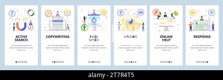 Mobile app onboarding screens. Dating, copywriting, files upload, online help. Menu vector banner template for website and mobile development. Web sit Stock Vector