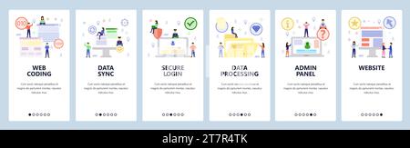 Mobile app onboarding screens. Online support, presentation, search and global network. Menu vector banner template for website and mobile development Stock Vector