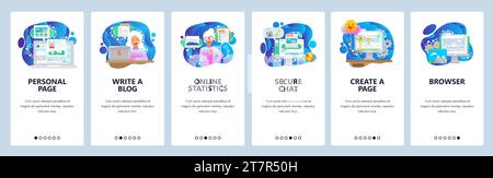 Mobile app onboarding screens. Write a blog and create personal site, secure chat, online statistics. Menu vector banner template for website and mobi Stock Vector