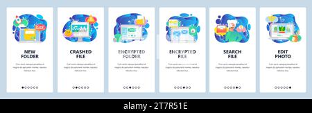 Mobile app onboarding screens. Computer security technology, encrypted files and data, search files, corrupted. Menu vector banner template for websit Stock Vector
