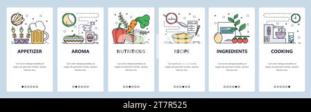 Mobile app onboarding screens. Cooking food, vegetables, recipe, ingredients, lunch meal. Menu vector banner template for website and mobile developme Stock Vector