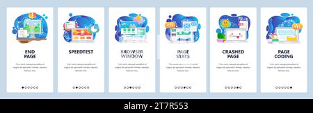 Mobile app onboarding screens. Web development, coding, traffic monitoring, speedtest. Menu vector banner template for website and mobile development. Stock Vector