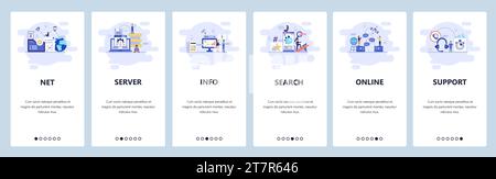 Mobile app onboarding screens. Server, search, people, online messages, call center. Menu vector banner template for website and mobile development. W Stock Vector