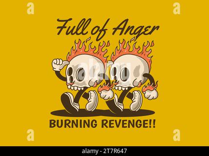 Full of anger, burning revenge. Vintage mascot character illustration of burning skull Stock Vector