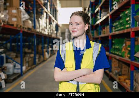 Portrait smart worker confident young teen female work inside warehouse industry inventory management happy smiling. Stock Photo