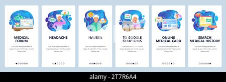 Mobile app onboarding screens. Sick female patient, headache, nausea, search symptoms. Menu vector banner template for website and mobile development. Stock Vector
