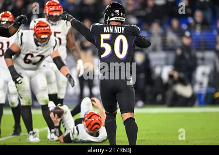 Baltimore Ravens linebacker Kyle Van Noy (50) takes to the field before ...