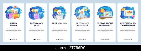 Mobile app onboarding screens. Pregnant woman, pregnancy test, ultrasound, happy family. Menu vector banner template for website and mobile developmen Stock Vector
