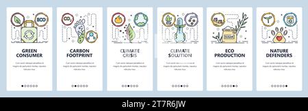 Mobile app onboarding screens. Global warming and climate change. Carbon footprint, nature protection. Menu vector banner template for website and mob Stock Vector