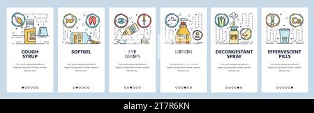 Mobile app onboarding screens. Drugs, eye drops, nasal spray, cough syrup, cream and lotion. Menu vector banner template for website and mobile develo Stock Vector