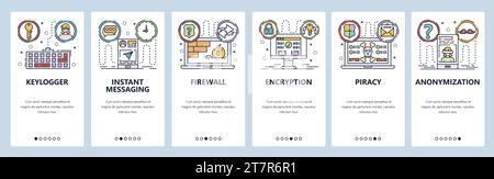 Mobile app onboarding screens. Pivate security, keylogger, spyware, instant messaging, smartphone encryption. Menu vector banner template for website Stock Vector