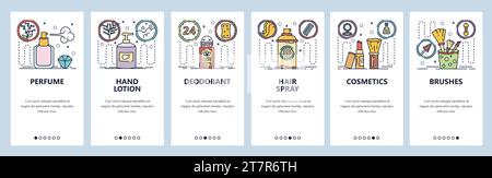 Mobile app onboarding screens. Natural cosmetics, perfume, hair spray, brushes, hand lotion. Menu vector banner template for website and mobile develo Stock Vector
