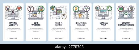 Mobile app onboarding screens. Online internet services, rent a house, online doctor, dating website and job search. Vector banner template for websit Stock Vector