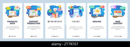 Mobile app onboarding screens. Financial data, content production, education and reading book, email. Menu vector banner template for website and mobi Stock Vector