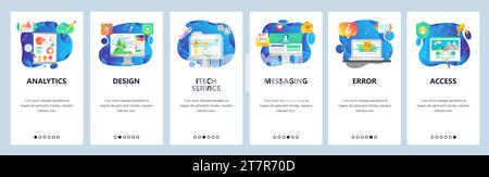 Mobile app onboarding screens. Financial analytics and data, draw, computer error and secure access. Menu vector banner template for website and mobil Stock Vector