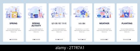 Mobile app onboarding screens. Spring season, weather forecast, gardening. Menu vector banner template for website and mobile development. Web site de Stock Vector