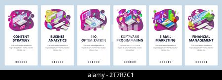 Mobile app onboarding screens. Infographic elements, isometric financial icons, chart, marketing, business analytics. Vector banner template for websi Stock Vector
