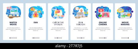 Cinema production web site and mobile app onboarding screens. Menu banner vector template for website and application development with blue gradient d Stock Vector