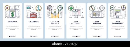 Onboarding for web site and mobile app. Menu banner vector template for website and application development. Demand Database Custom service, User acco Stock Vector