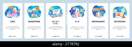 Onboarding for web site and mobile app. Menu banner vector template for website and application development. Cafe, Bookstore, Online mall, Restaurant, Stock Vector