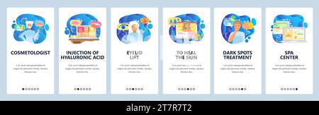 Spa center web site and mobile app onboarding screens. Menu banner vector template for website and application development. Cosmetic procedures for fa Stock Vector