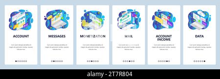 Onboarding for web site and mobile app. Menu banner vector template for website and application development with blue abstract shapes. Account Message Stock Vector