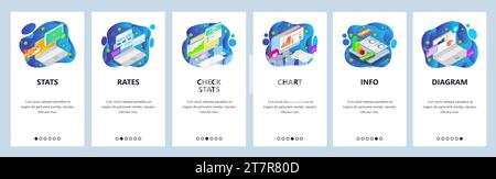 Informative web site and mobile app onboarding screens. Menu banner vector template for website and application development with blue dynamic liquid a Stock Vector