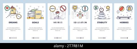 Onboarding for web site and mobile app. Menu banner vector template for website and application development. Dreams, Goals, Worries, Realisation, Stab Stock Vector