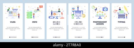 Onboarding for web site, mobile app. Menu banner vector template for website and application development. Vlog, Info, Online games and exercises, Phot Stock Vector