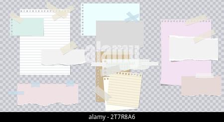 Color sheets of paper, rip pieces with torn adges. Lined note. Notebook paper pieces with sticky tape stuck on transparent. Blank mockup for text for Stock Vector
