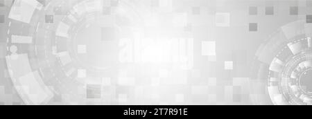 Abstract grey futuristic technology background with HUD gear elements and squares. Vector geometry banner design Stock Vector