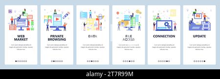Onboarding for web site, mobile app. Menu banner vector template for website and application development. Web market, Private browsing, Data, File acc Stock Vector