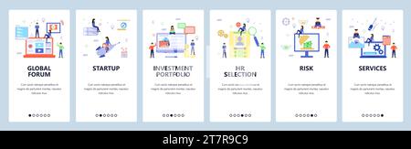 Onboarding for web site, mobile app. Menu banner vector template for website and application development. Startup, HR selection, Global forum, Service Stock Vector