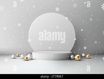 Christmas festive 3D realistic white color podium decoration with gold and white many balls on white wall background. Christmas holiday concept produc Stock Vector